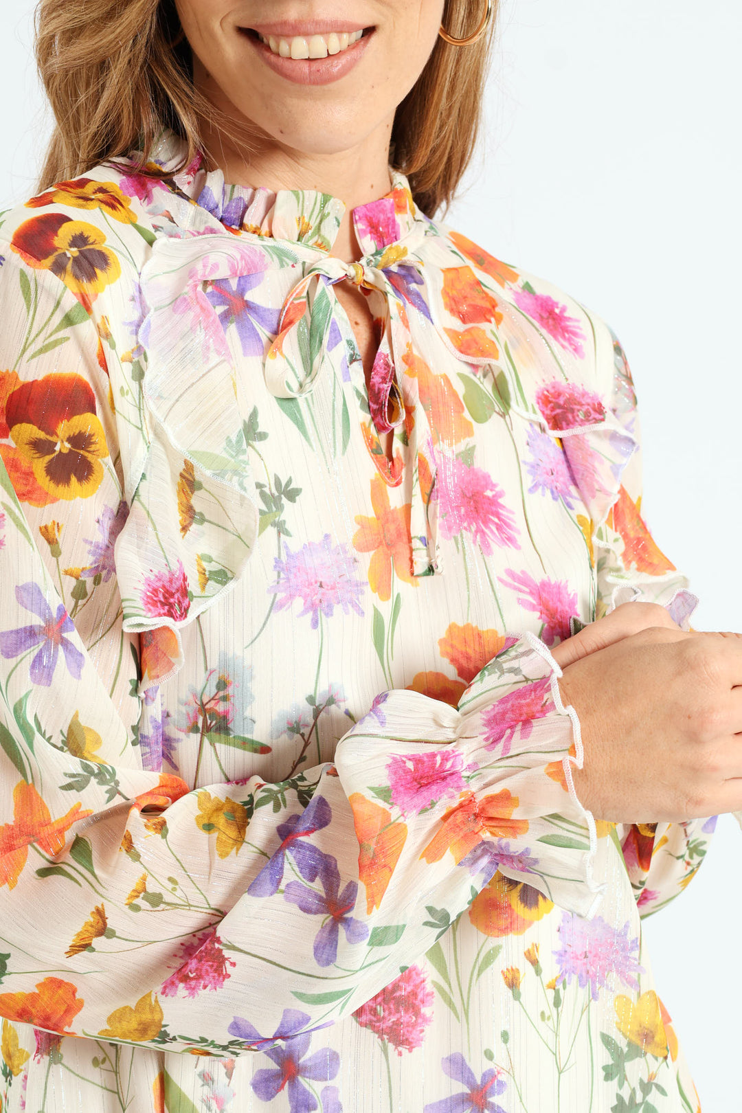 Peasant Tie Up Frill Blouse - Cream