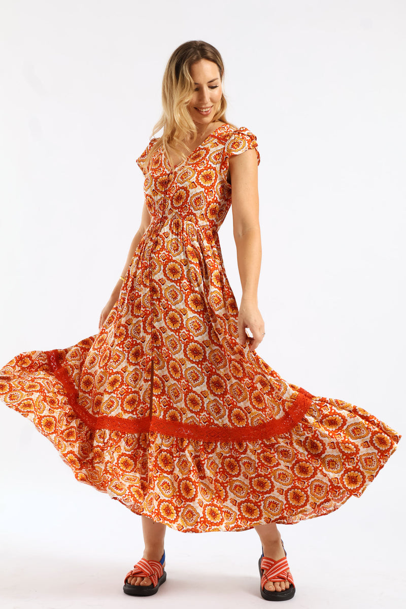 Flutter Cap Sleeve V-Neck Button Through A-Line Maxi Dress - Orange