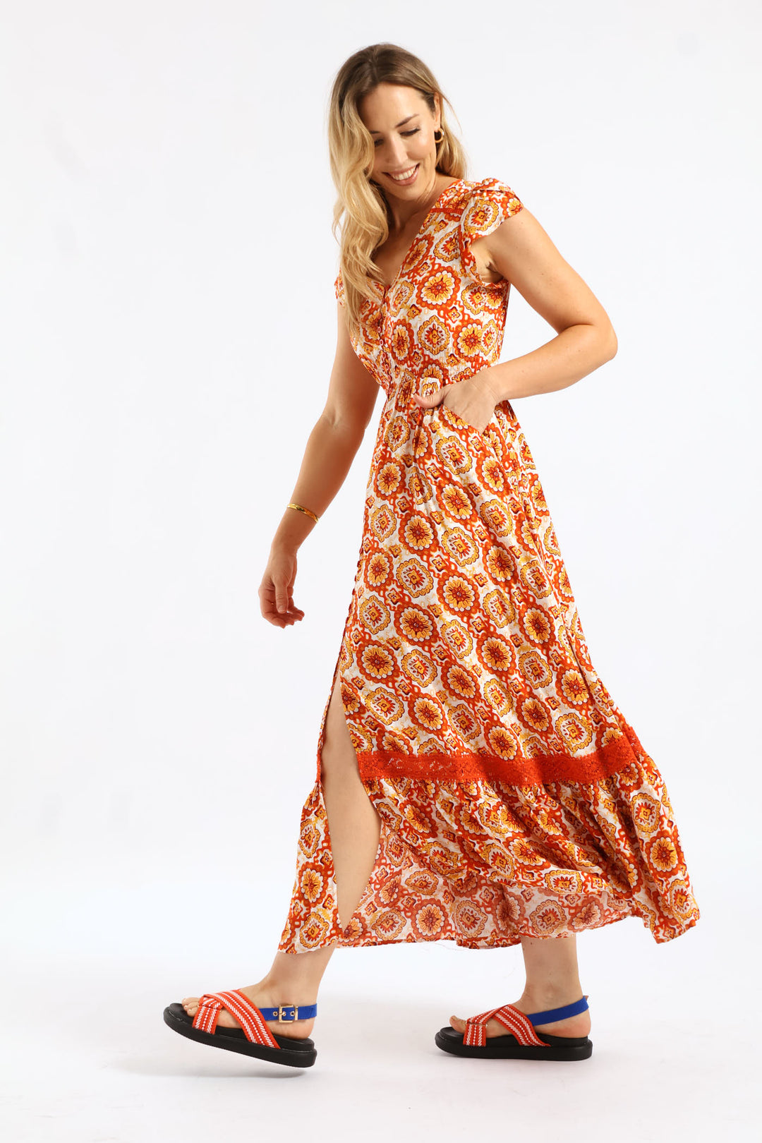 Flutter Cap Sleeve V-Neck Button Through A-Line Maxi Dress - Orange