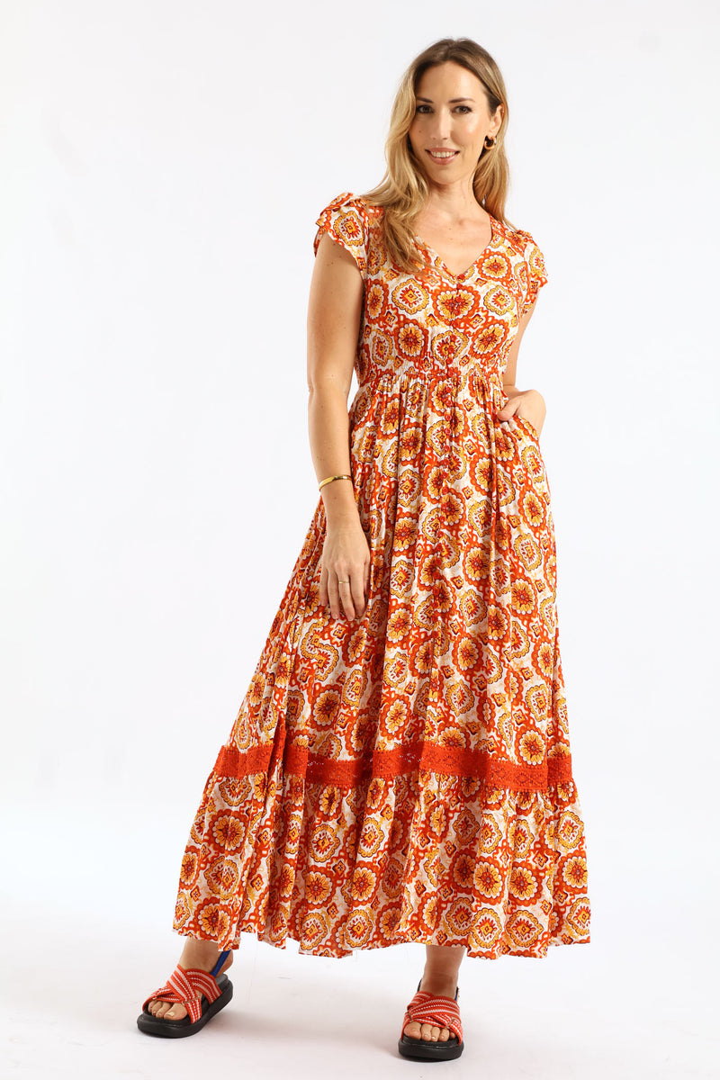 Flutter Cap Sleeve V-Neck Button Through A-Line Maxi Dress - Orange