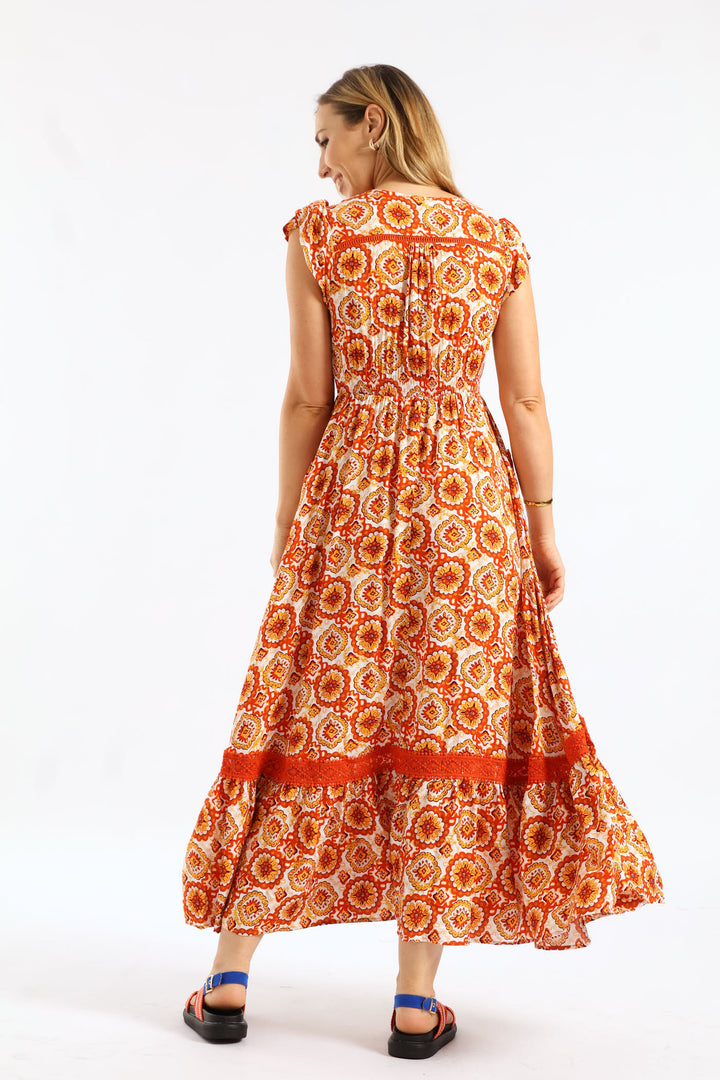 Flutter Cap Sleeve V-Neck Button Through A-Line Maxi Dress - Orange