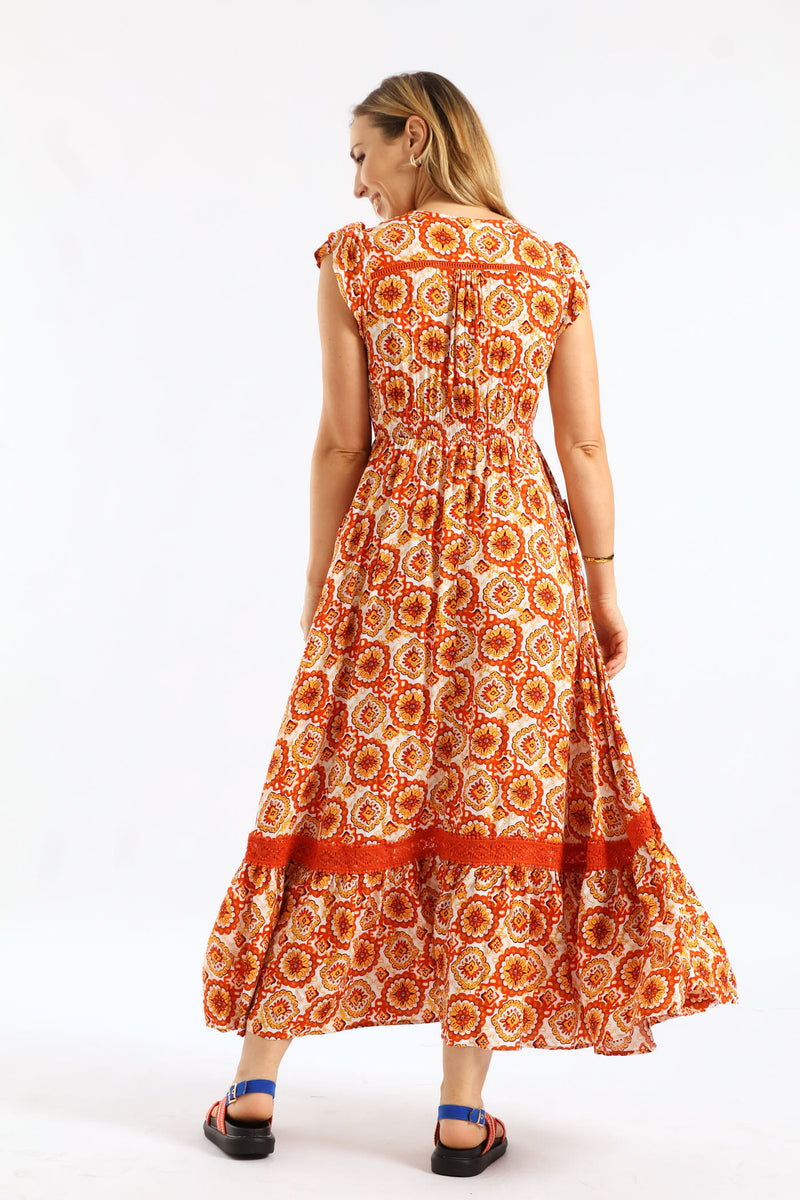 Flutter Cap Sleeve V-Neck Button Through A-Line Maxi Dress - Orange