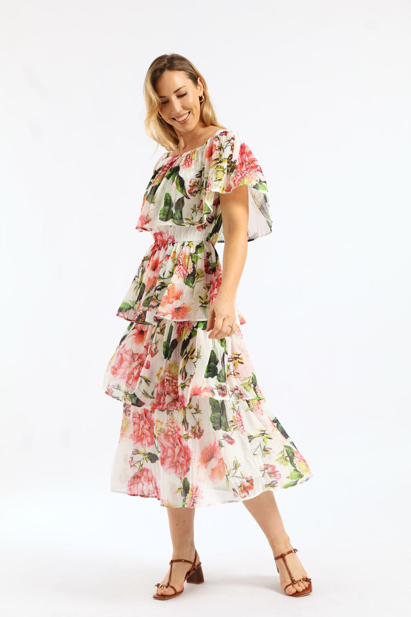Boatneck Permanent Crease Floral Printed Maxi Dress - Multi