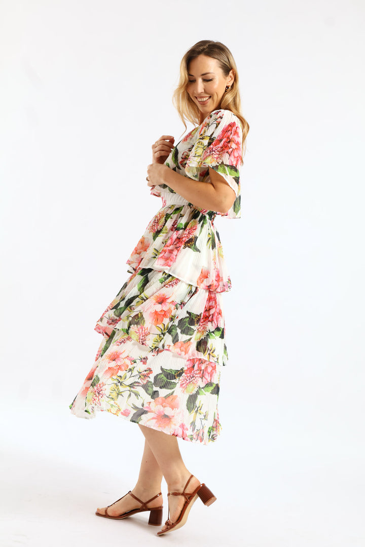 Boatneck Permanent Crease Floral Printed Maxi Dress - Multi