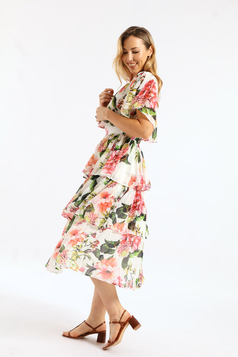 Boatneck Permanent Crease Floral Printed Maxi Dress - Multi