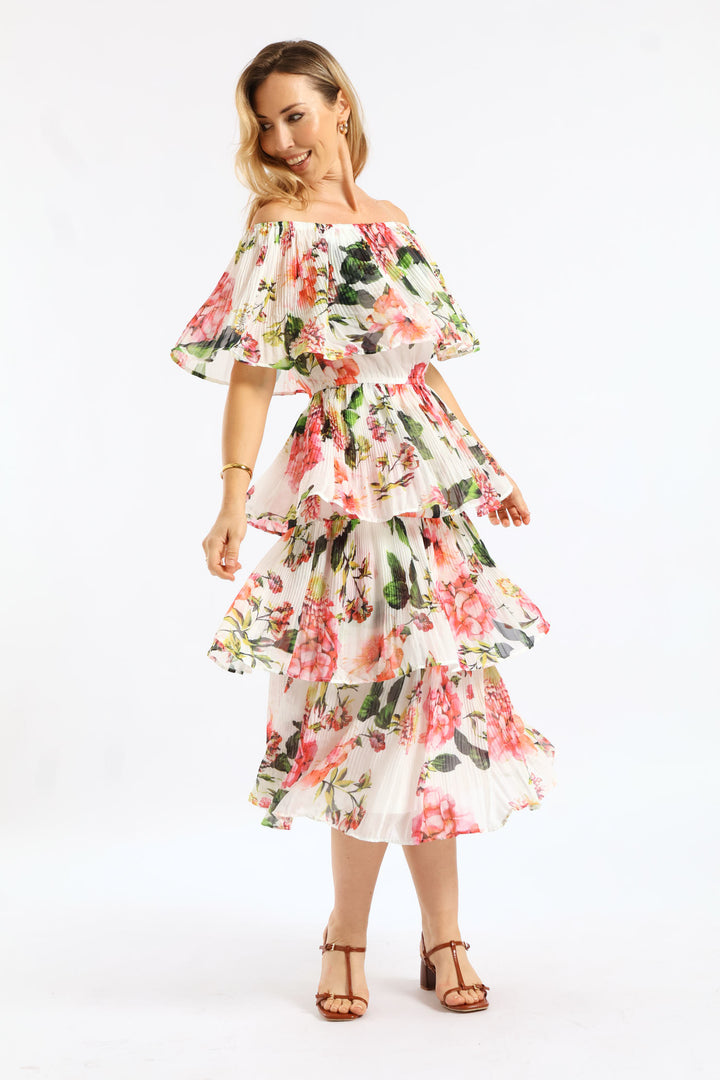 Boatneck Permanent Crease Floral Printed Maxi Dress - Multi