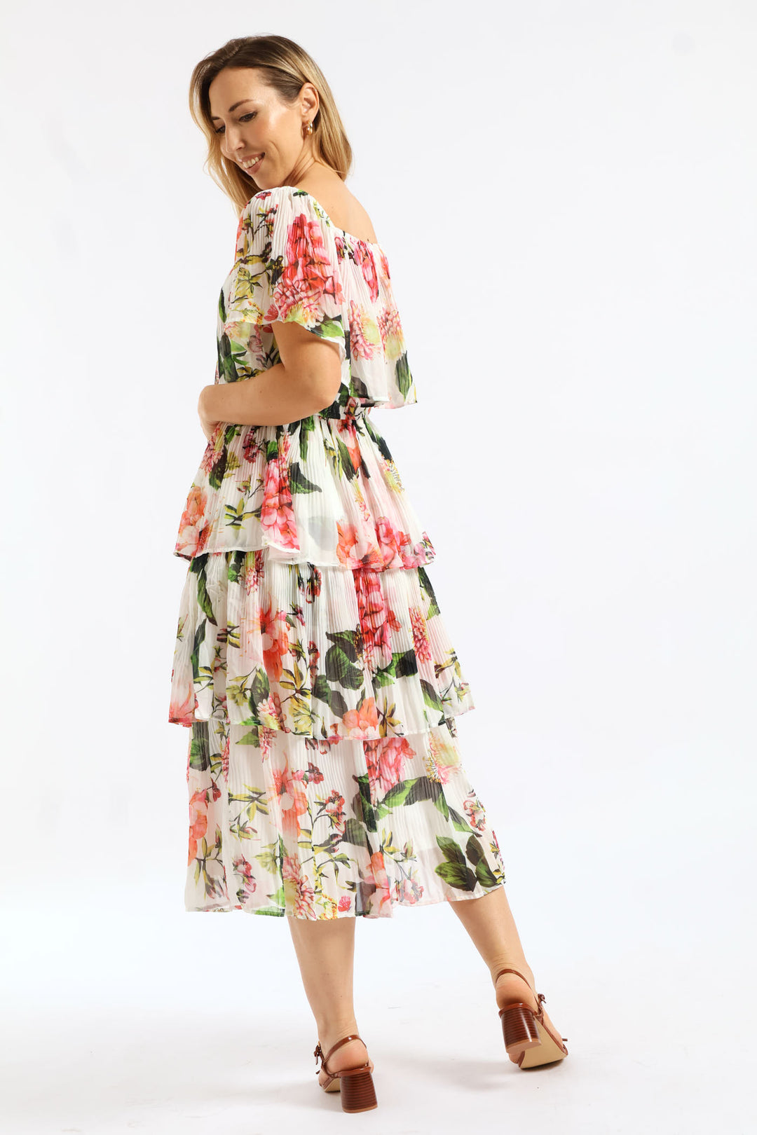 Boatneck Permanent Crease Floral Printed Maxi Dress - Multi