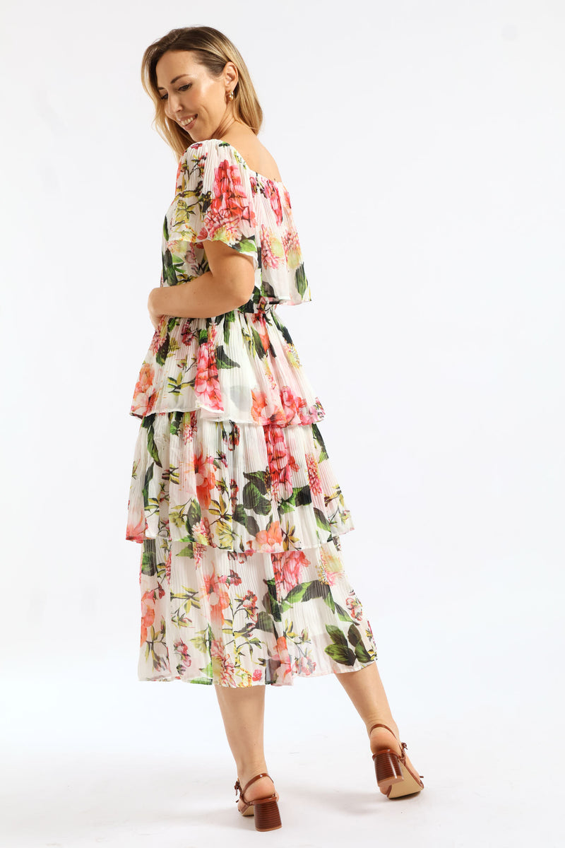 Boatneck Permanent Crease Floral Printed Maxi Dress - Multi