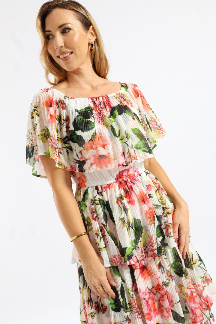 Boatneck Permanent Crease Floral Printed Maxi Dress - Multi