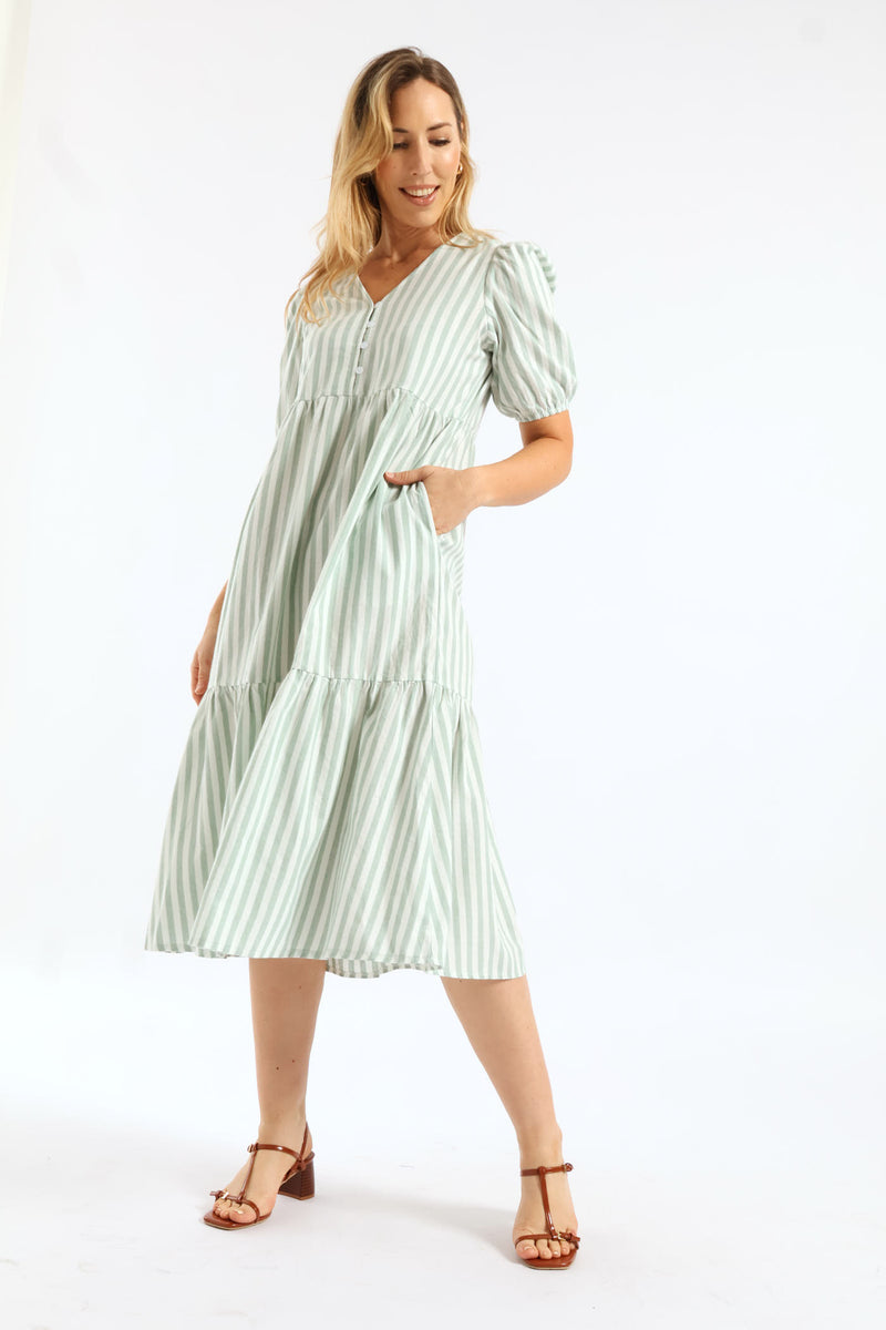 V-Neck Linen Blend Stripe Tiered Maxi Dress - Teal