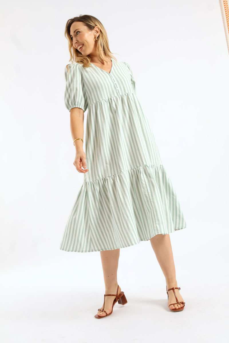 V-Neck Linen Blend Stripe Tiered Maxi Dress - Teal