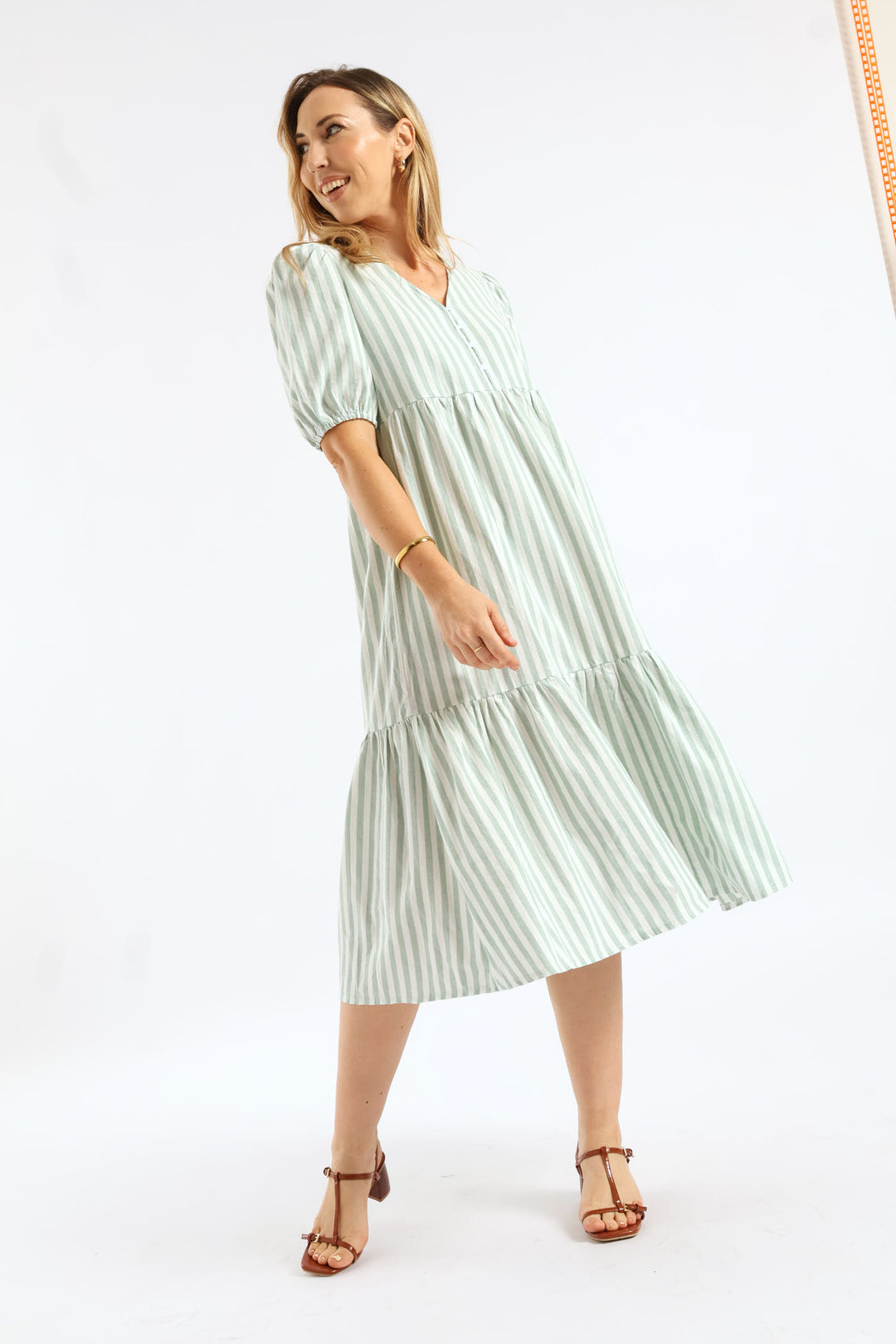 Ladies V-Neck Linen Blend Stripe Tiered Maxi Dress - Teal Edgars Ladies V-Neck Linen Blend Stripe Tiered Maxi Dress - Teal Edgars
