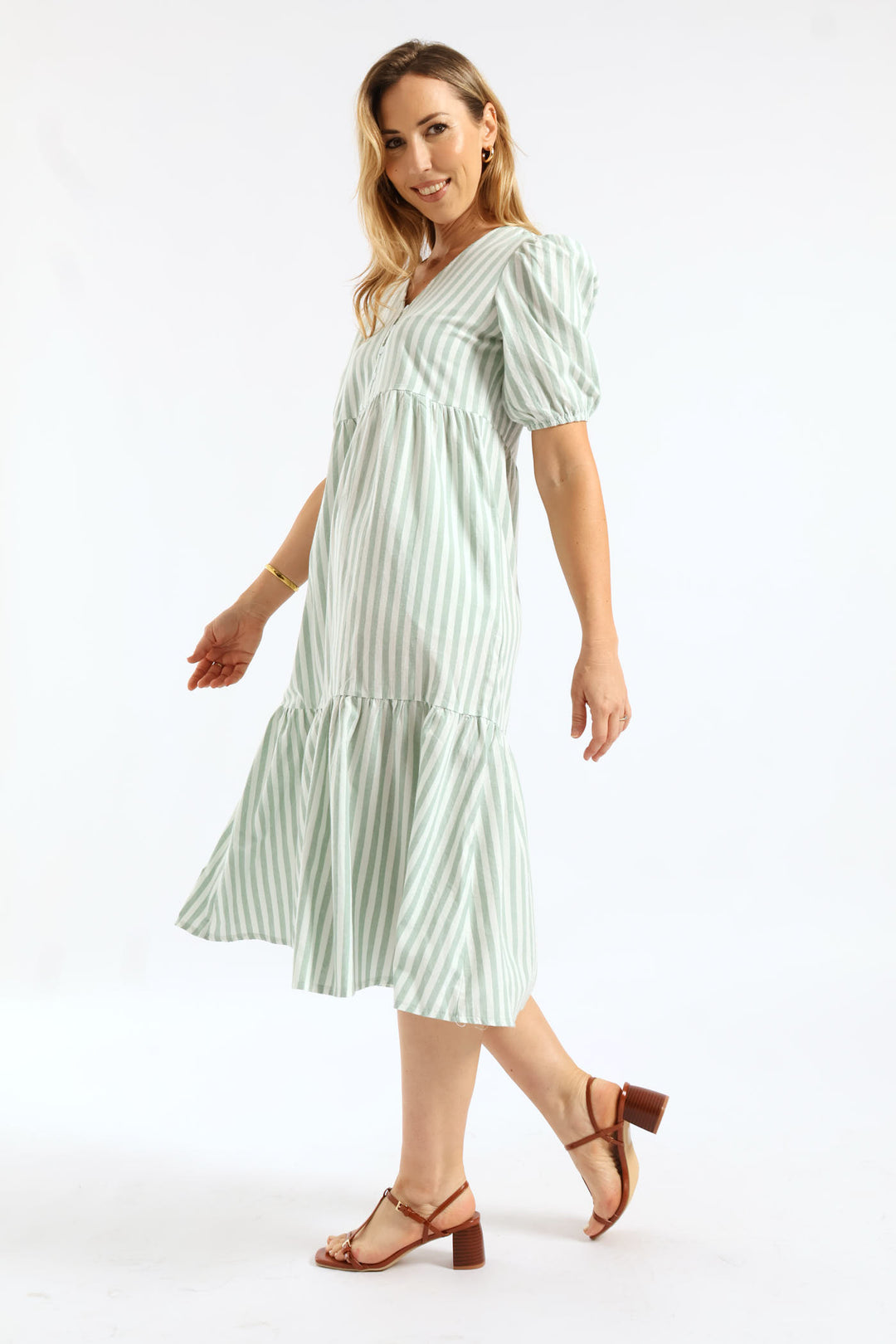 V-Neck Linen Blend Stripe Tiered Maxi Dress - Teal