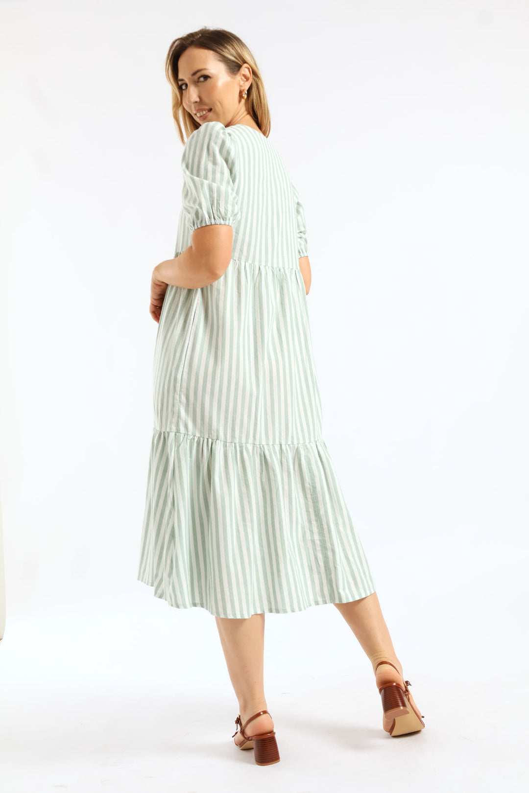 V-Neck Linen Blend Stripe Tiered Maxi Dress - Teal