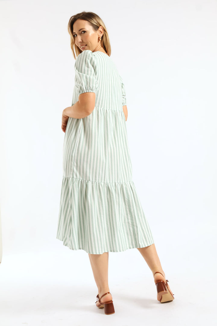 V-Neck Linen Blend Stripe Tiered Maxi Dress - Teal
