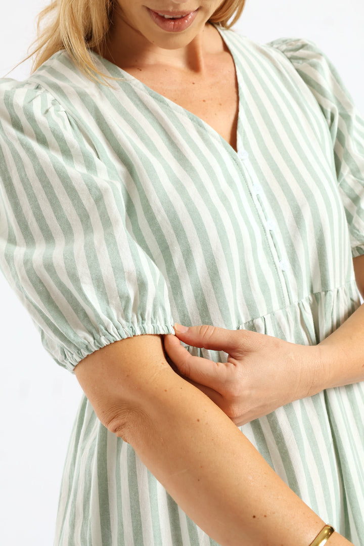 V-Neck Linen Blend Stripe Tiered Maxi Dress - Teal