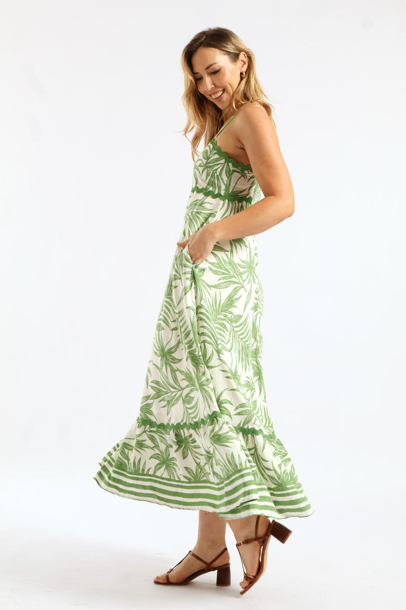 Zig Zag Trim Strappy Boobtube Maxi Dress - Green