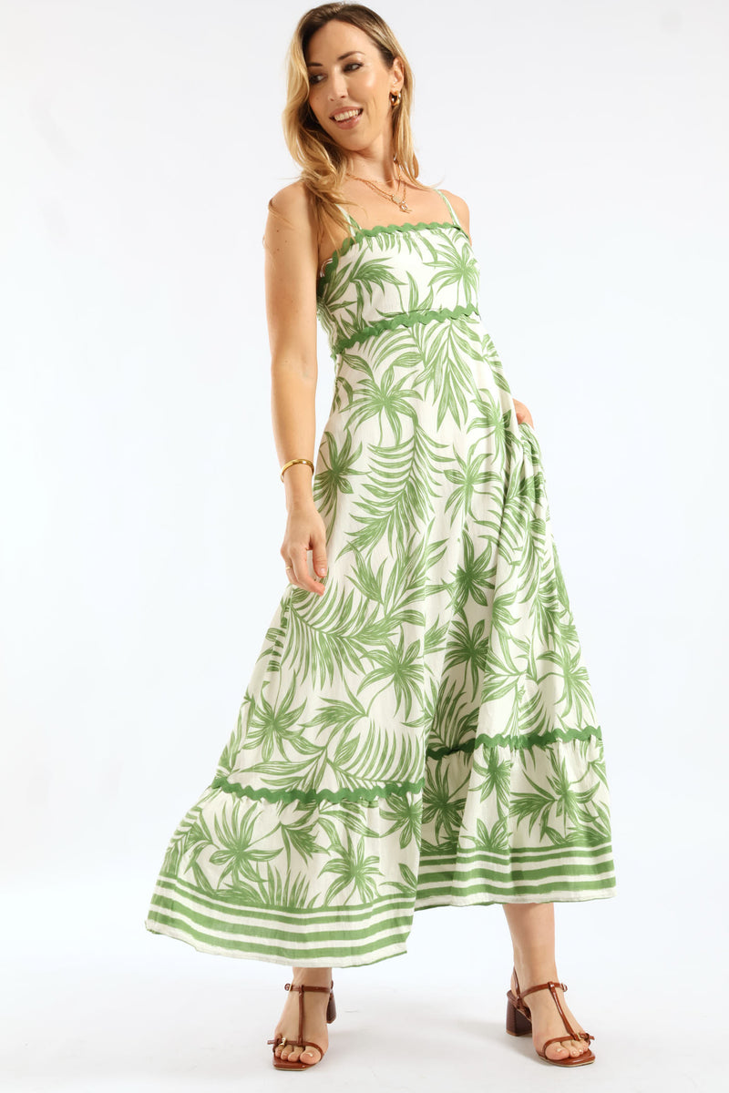 Zig Zag Trim Strappy Boobtube Maxi Dress - Green