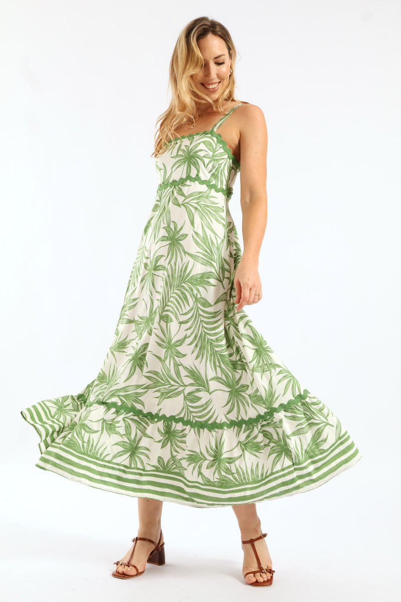 Zig Zag Trim Strappy Boobtube Maxi Dress - Green