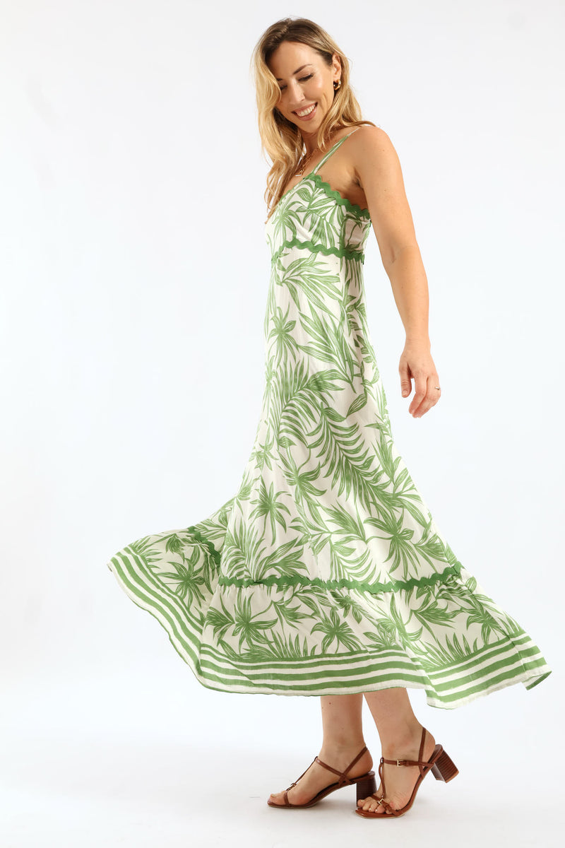 Zig Zag Trim Strappy Boobtube Maxi Dress - Green