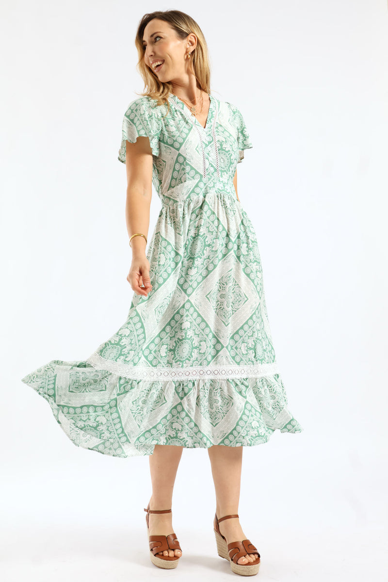 Flutter Sleeve V-Neck Hankerchief Print Maxi Dress - Teal