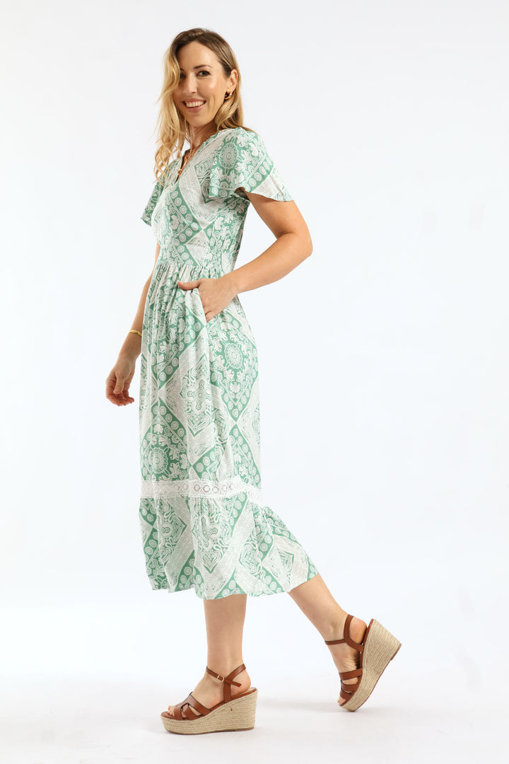 Flutter Sleeve V-Neck Hankerchief Print Maxi Dress - Teal