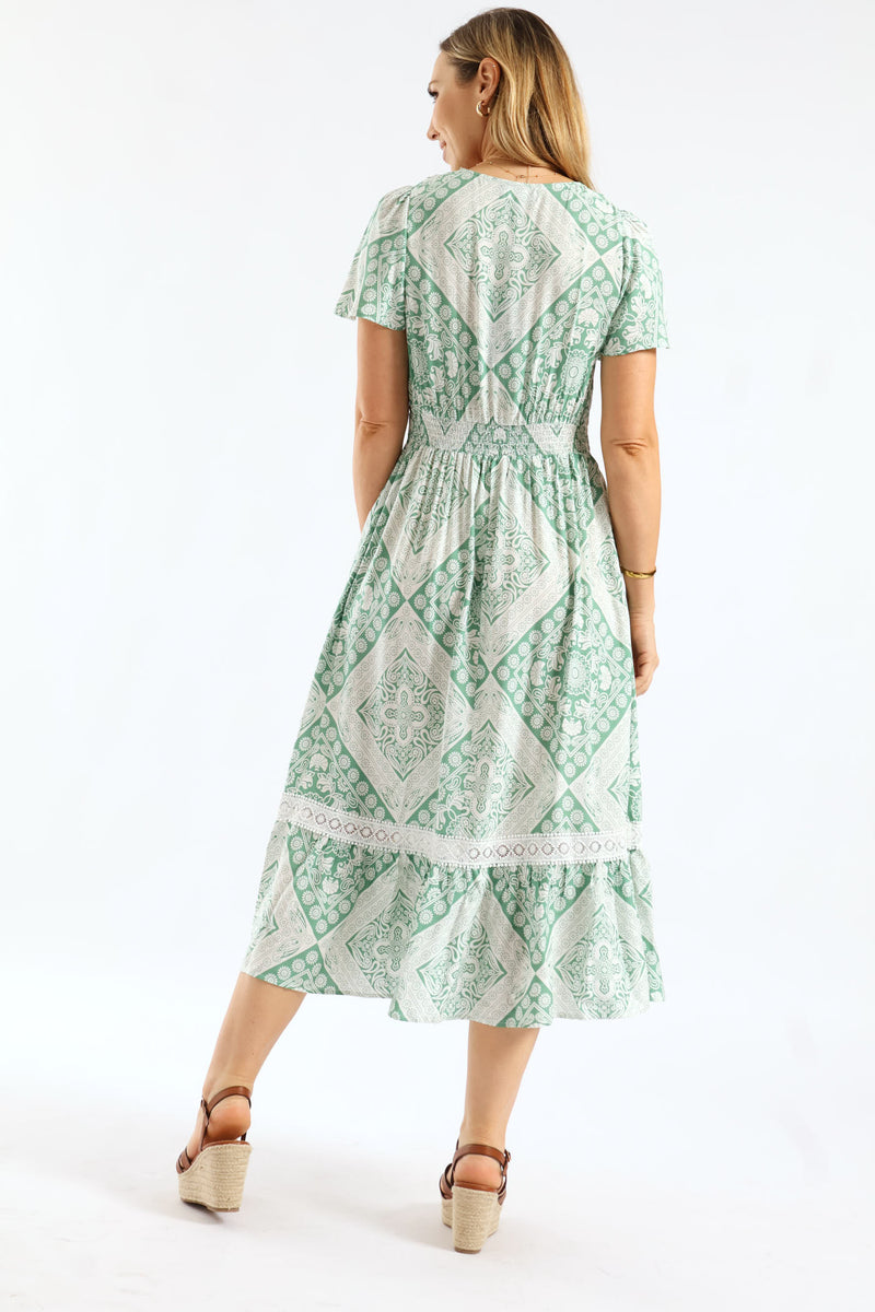 Flutter Sleeve V-Neck Hankerchief Print Maxi Dress - Teal