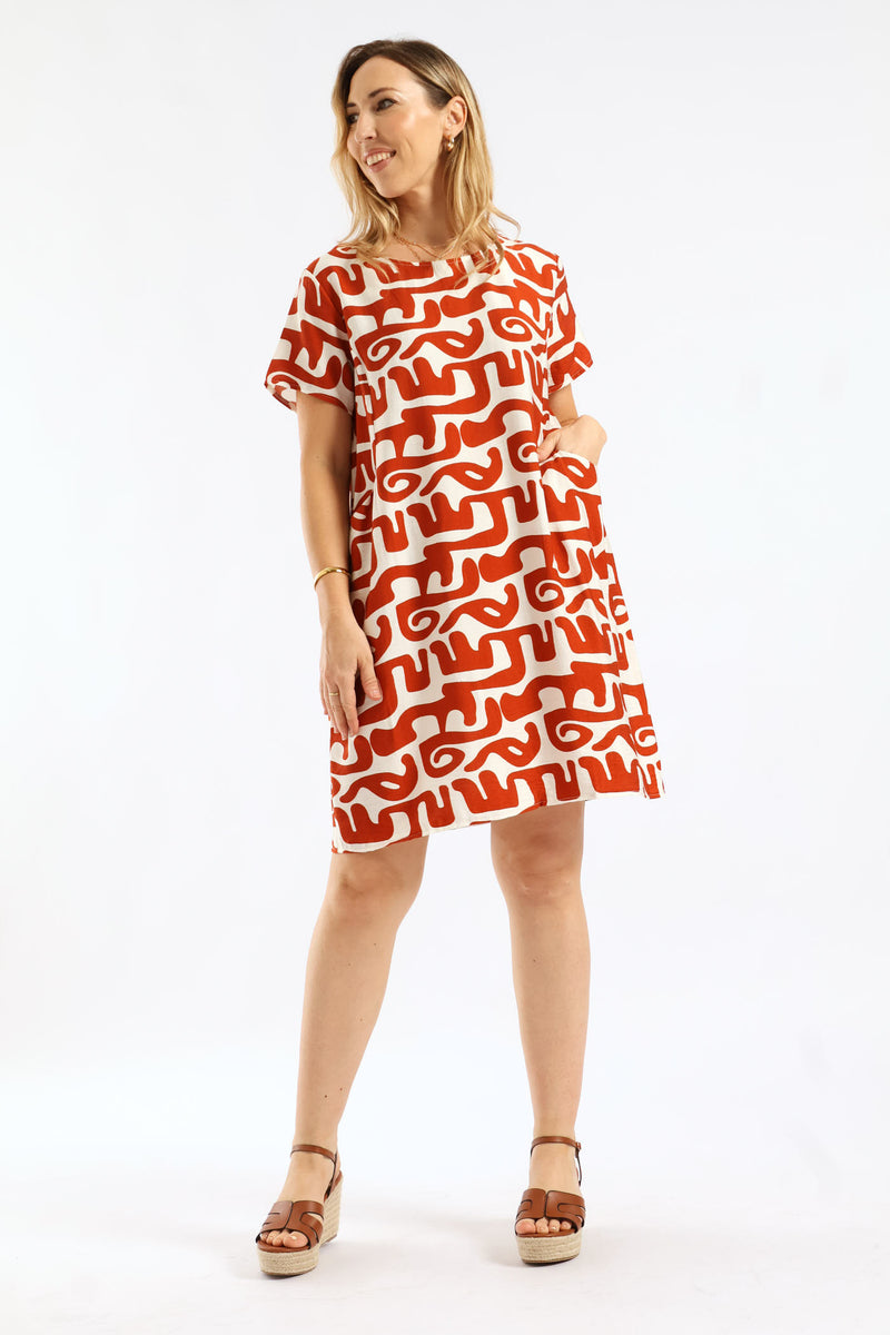 Abstract Print Boat Neck Sack Dress - Rust