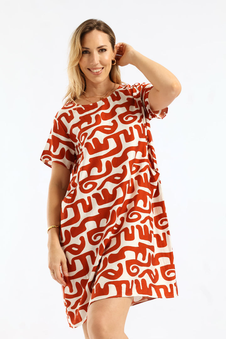 Abstract Print Boat Neck Sack Dress - Rust