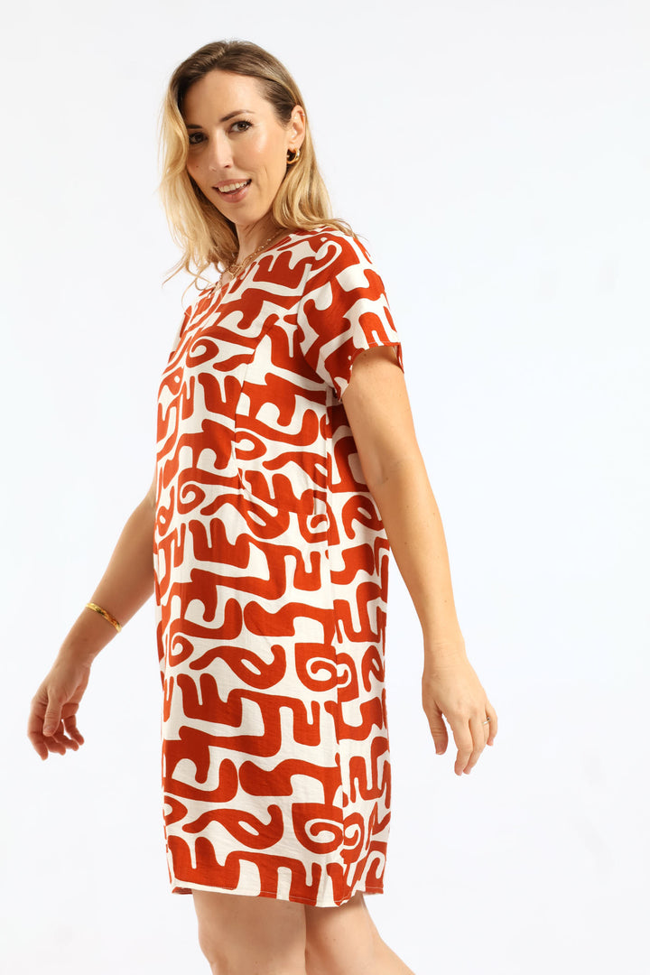 Abstract Print Boat Neck Sack Dress - Rust