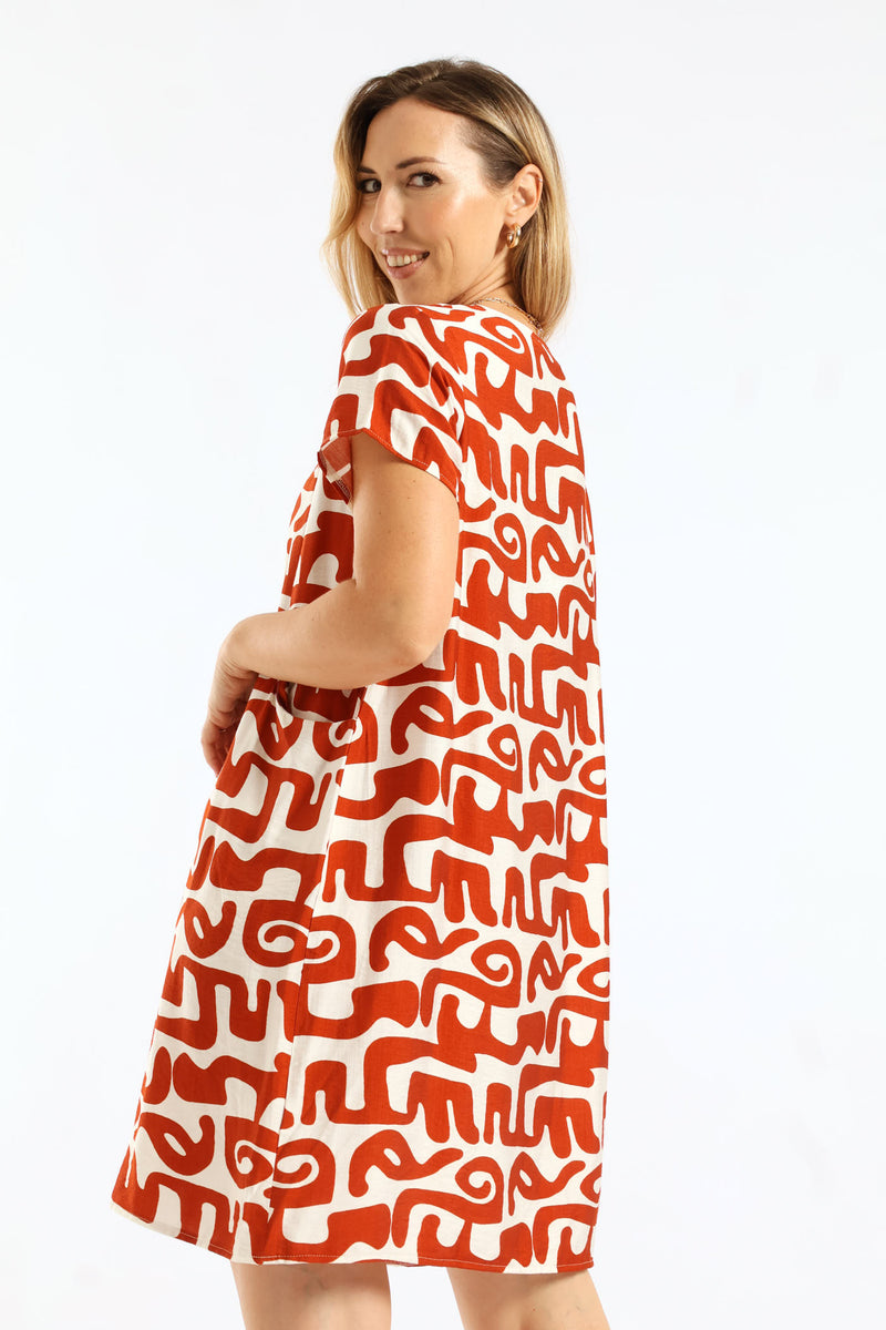 Abstract Print Boat Neck Sack Dress - Rust