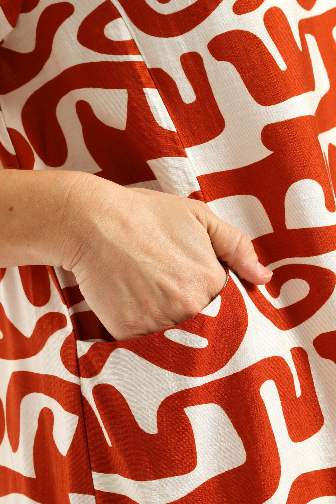 Abstract Print Boat Neck Sack Dress - Rust