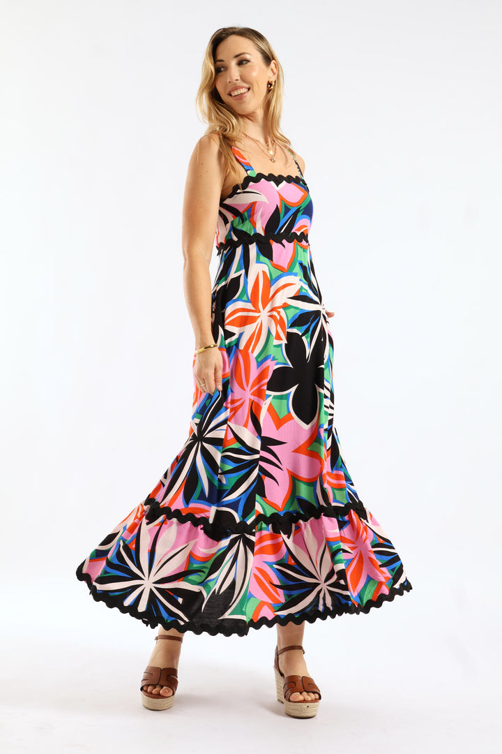 Zig Zag Trim Strappy Boobtube Maxi Dress - Floral