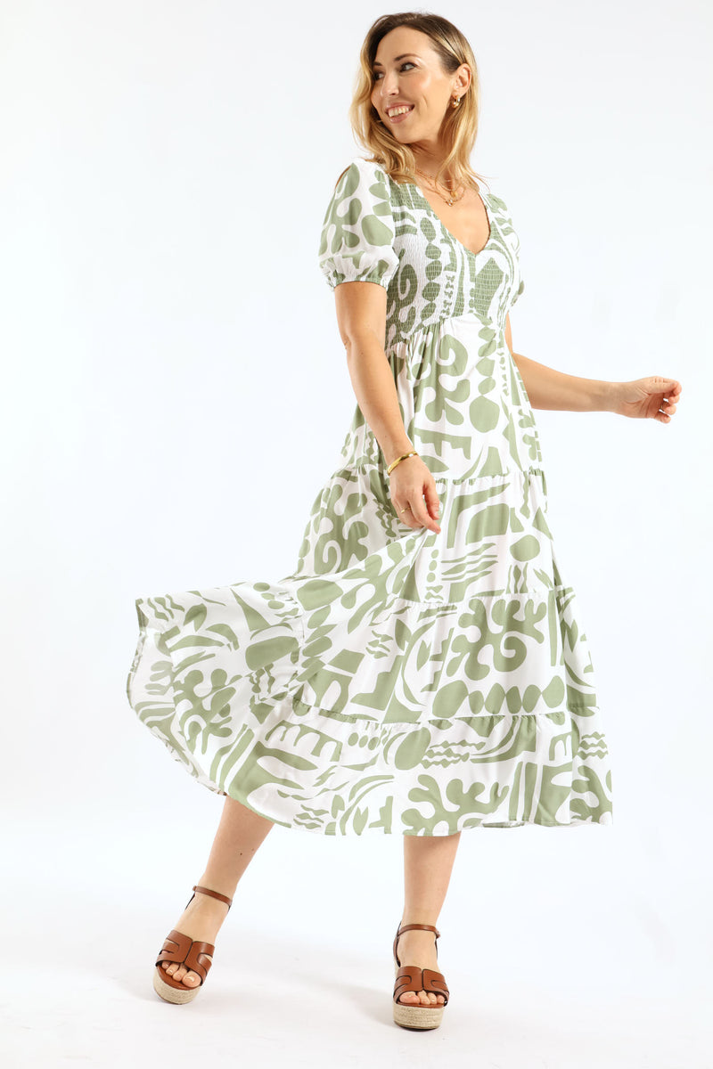 V-Neck Cuffed Sleeve Easy Wearing Maxi Dress - Grey/White