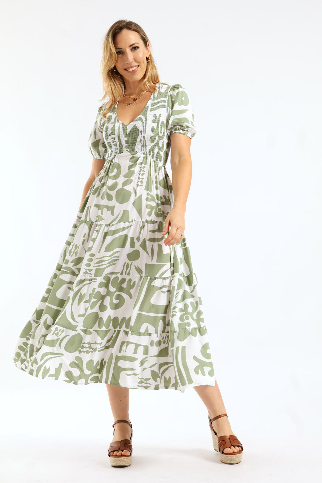 V-Neck Cuffed Sleeve Easy Wearing Maxi Dress - Grey/White