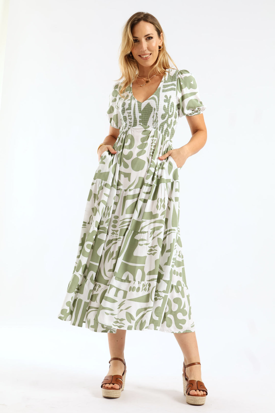 V-Neck Cuffed Sleeve Easy Wearing Maxi Dress - Grey/White