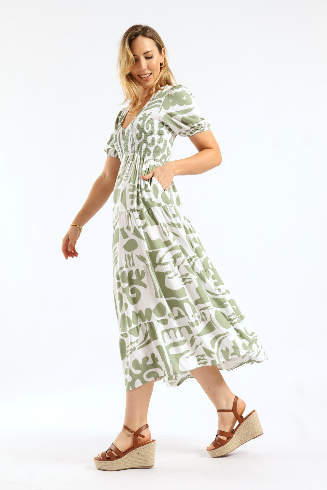 V-Neck Cuffed Sleeve Easy Wearing Maxi Dress - Grey/White