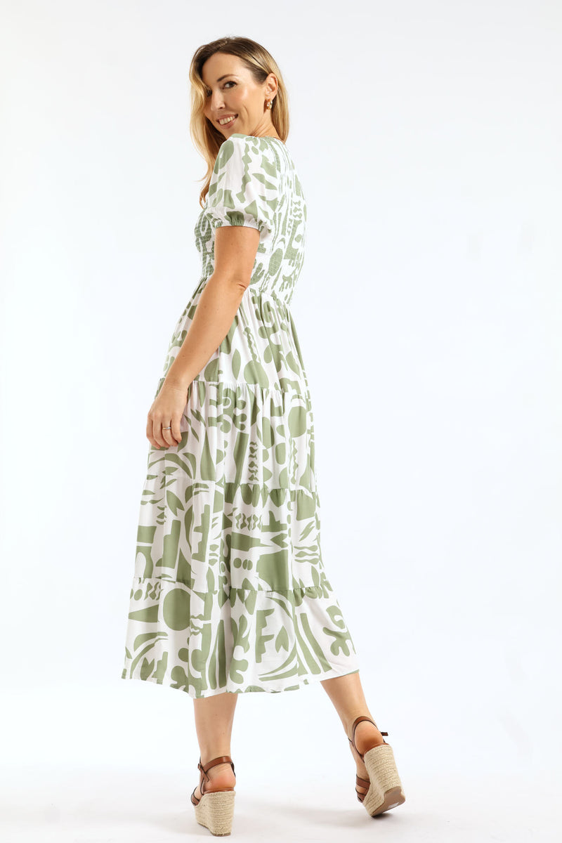 V-Neck Cuffed Sleeve Easy Wearing Maxi Dress - Grey/White