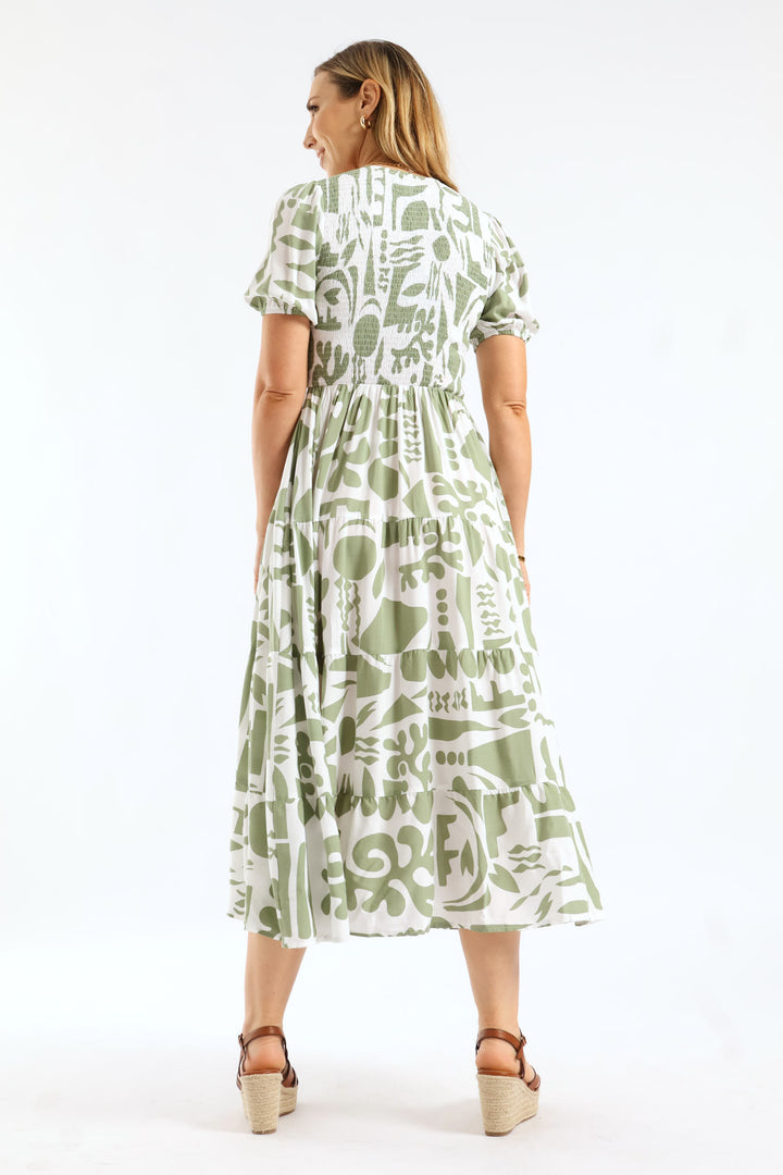 V-Neck Cuffed Sleeve Easy Wearing Maxi Dress - Grey/White