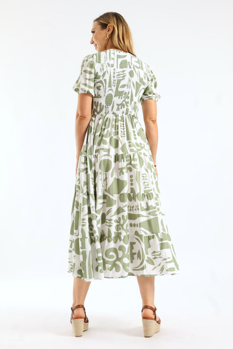 V-Neck Cuffed Sleeve Easy Wearing Maxi Dress - Grey/White