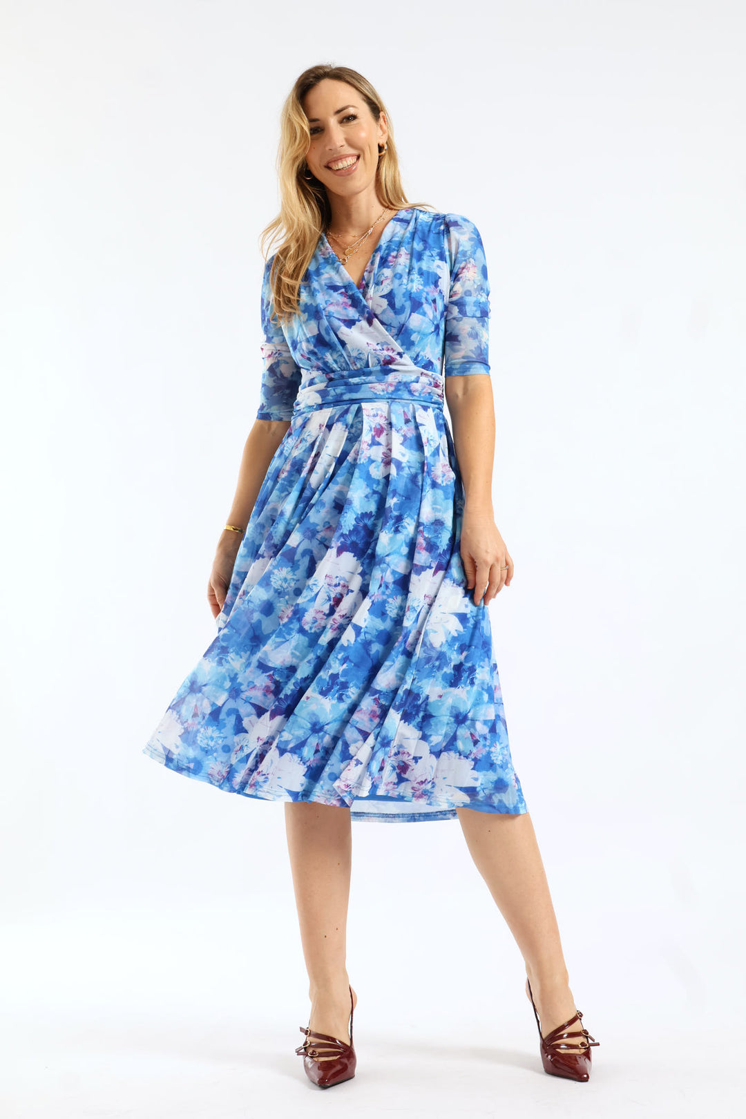 Half Sleeve Crossover V-Neck Midi Mesh Dress - Blue