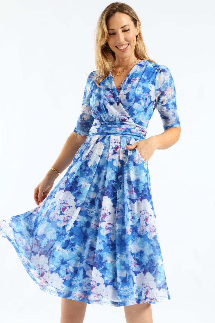 Half Sleeve Crossover V-Neck Midi Mesh Dress - Blue