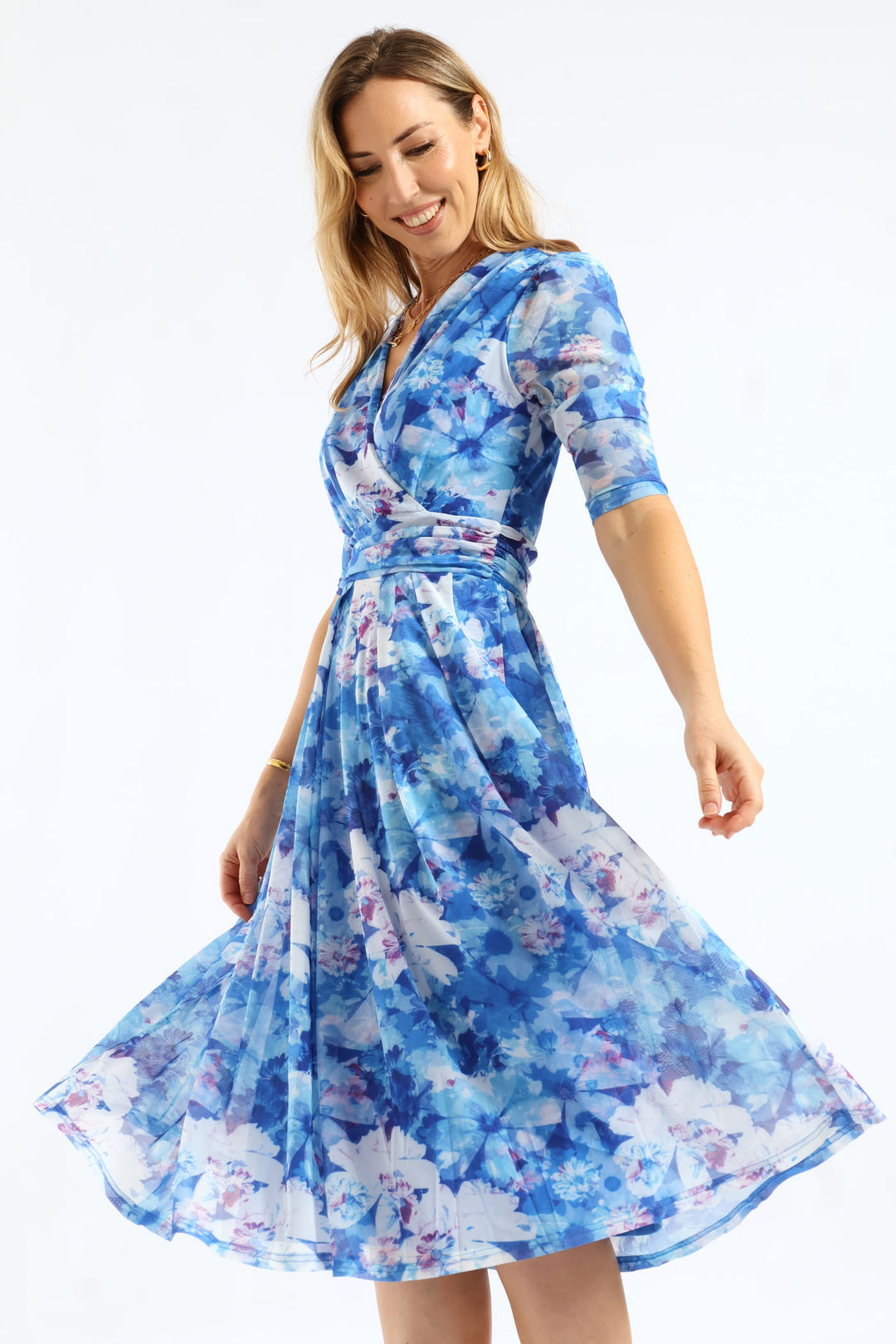 Half Sleeve Crossover V-Neck Midi Mesh Dress - Blue