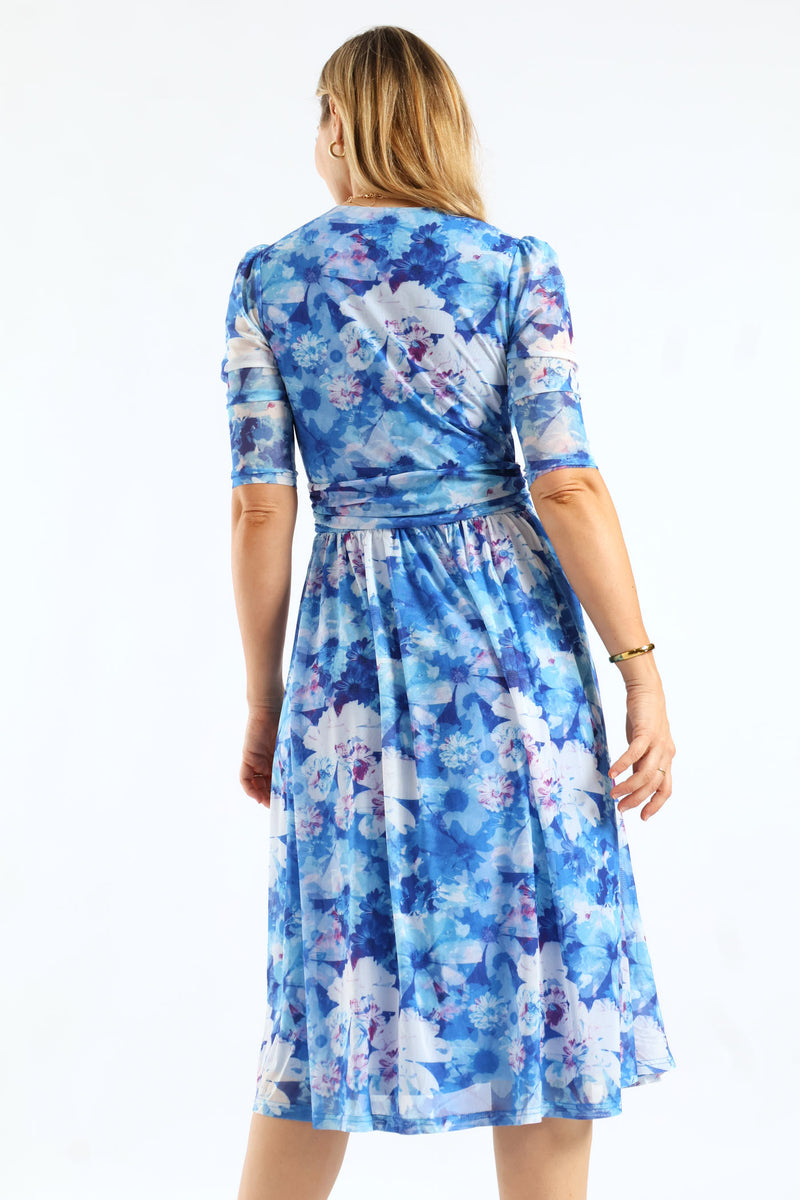 Half Sleeve Crossover V-Neck Midi Mesh Dress - Blue