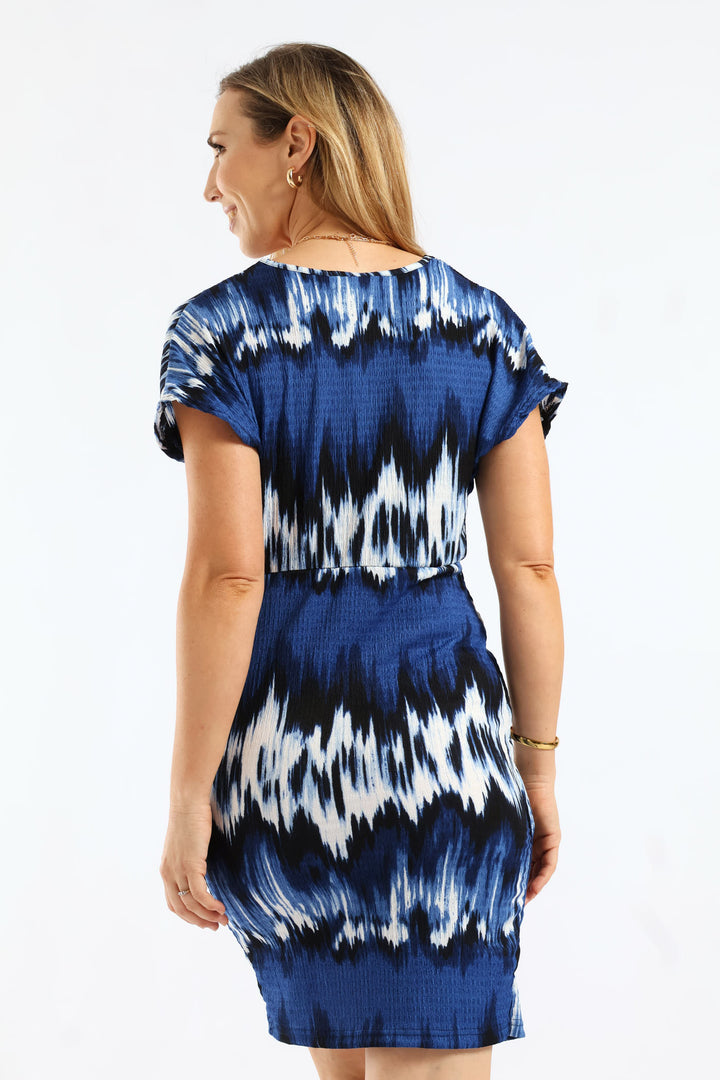Mock Wrap Knit Mini Dress - Navy/Blue