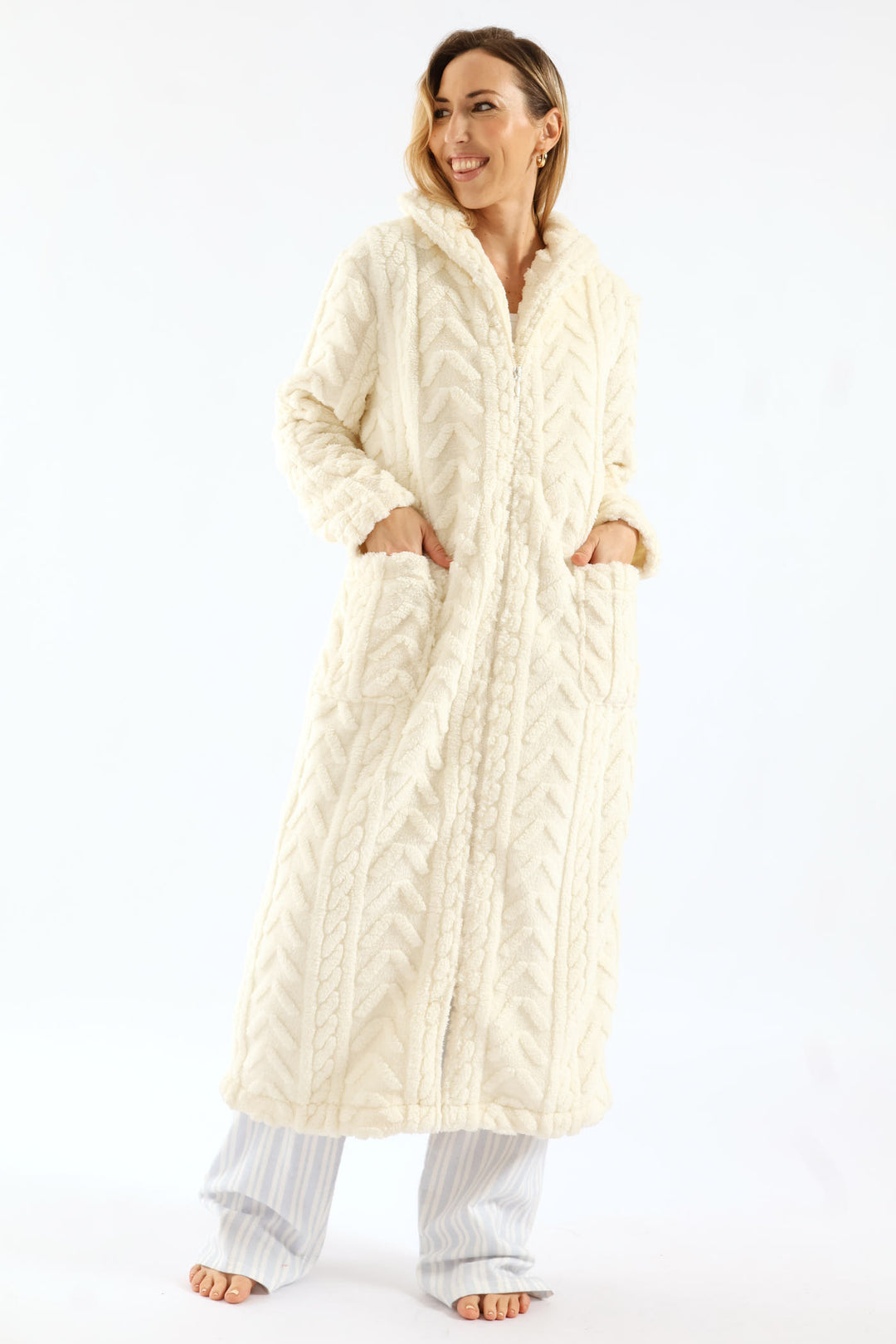 Zip Through Cable Knit Gown - Cream