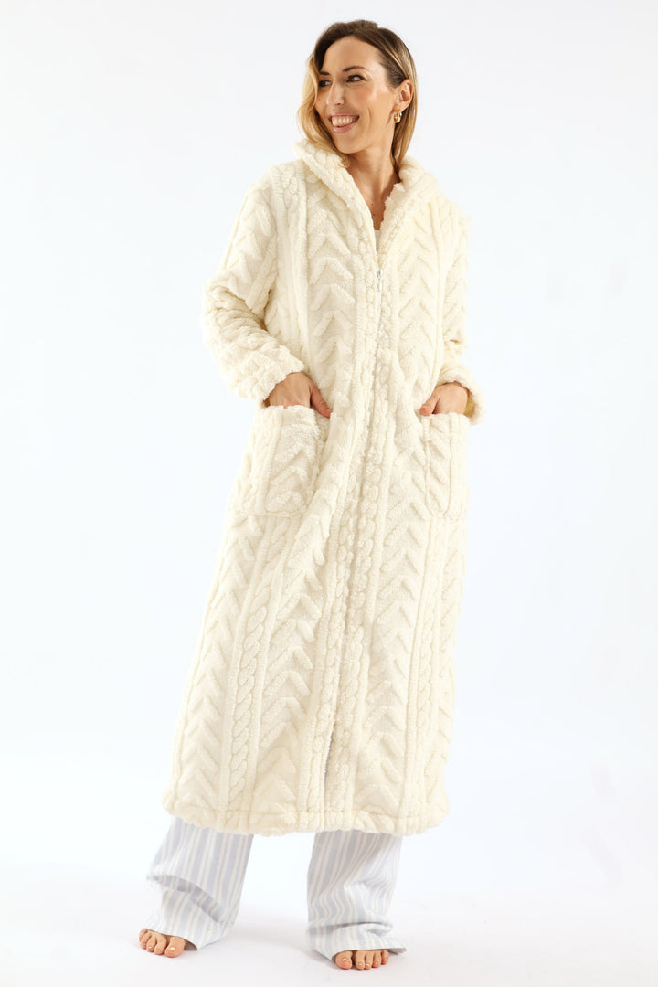 Zip Through Cable Knit Gown - Cream