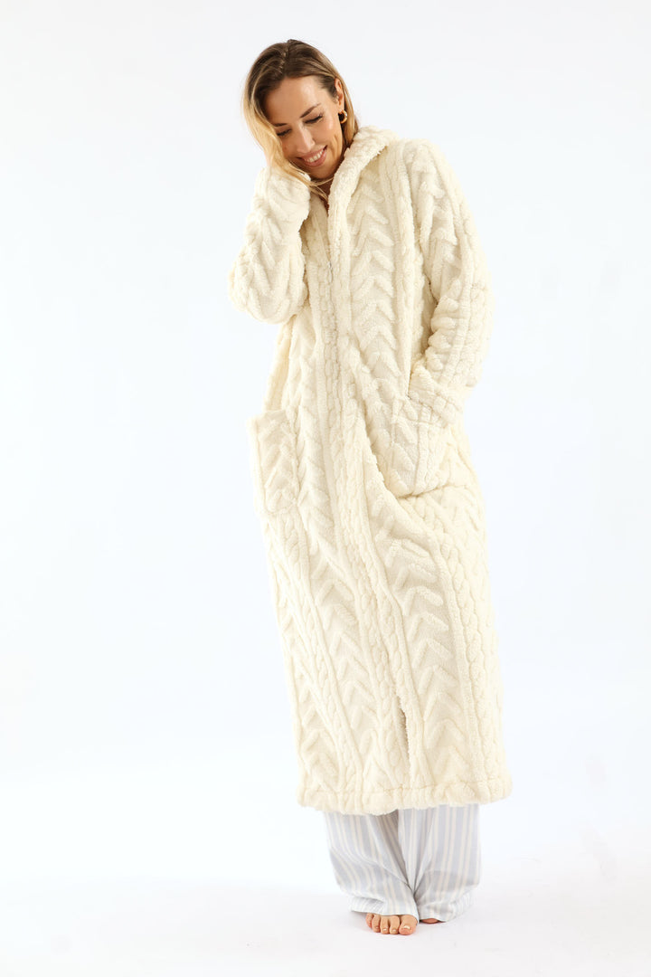 Zip Through Cable Knit Gown - Cream