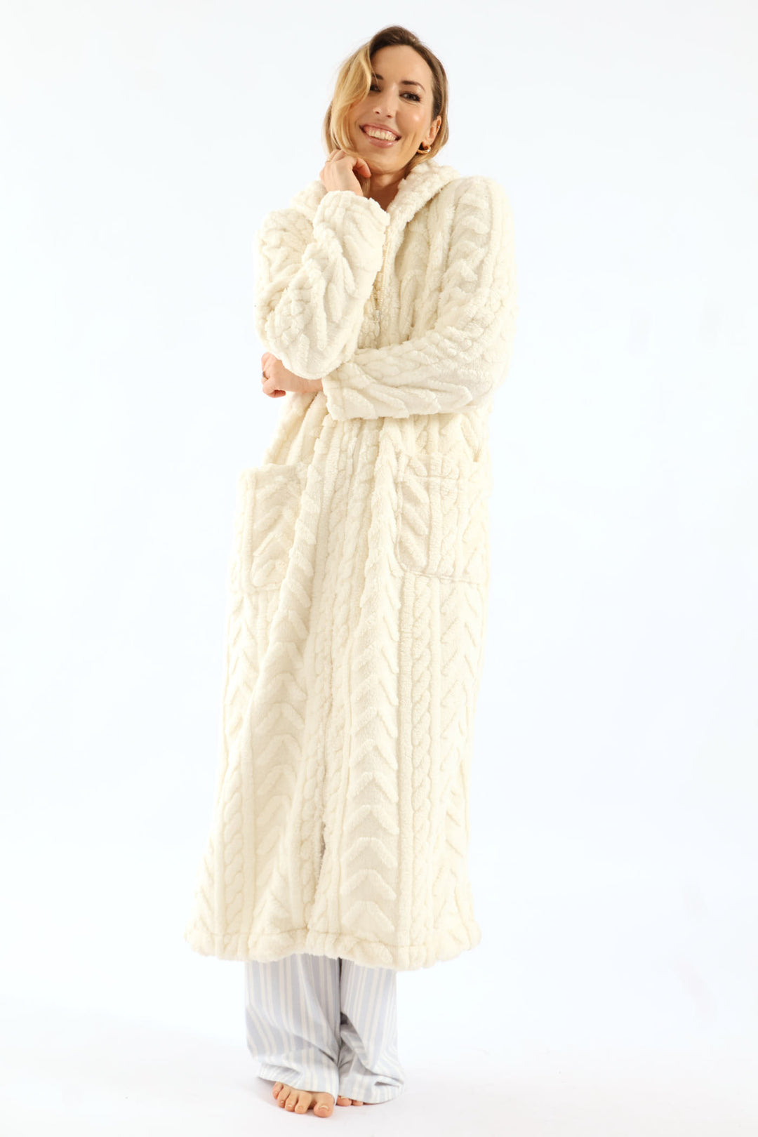 Zip Through Cable Knit Gown - Cream