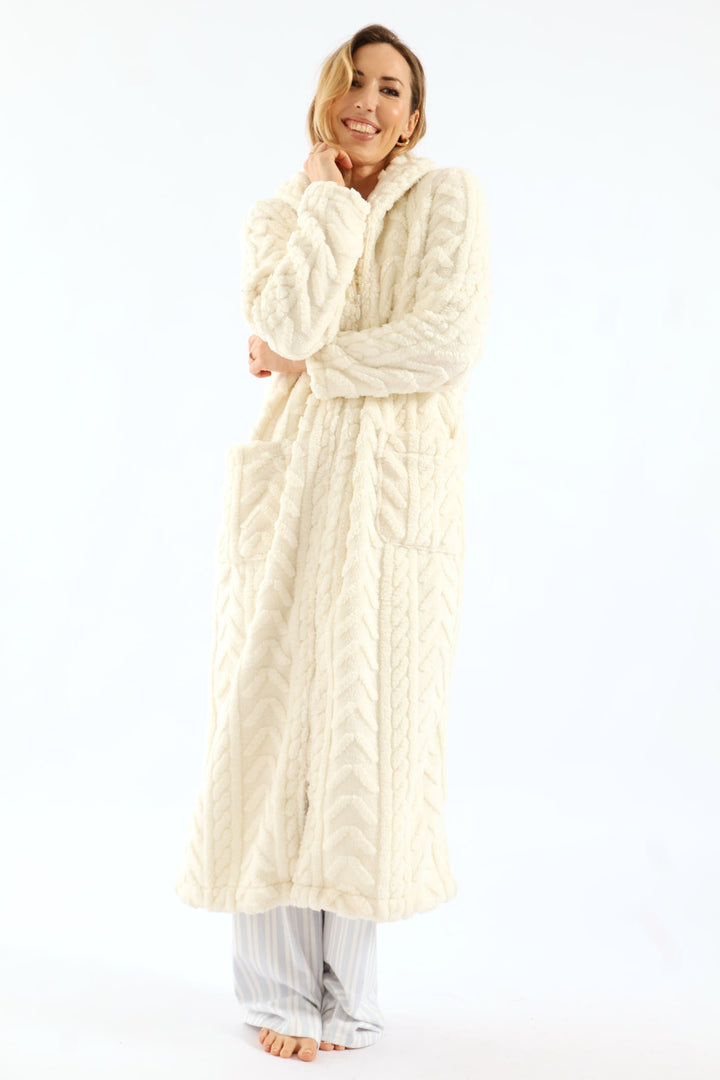 Zip Through Cable Knit Gown - Cream